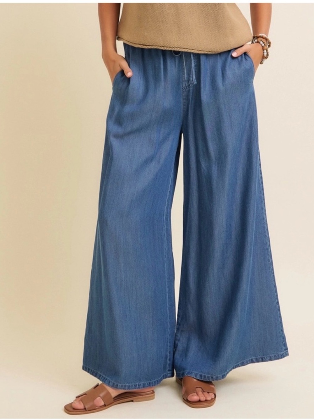 In February Washed Tencel Denim Wide-Leg Lightweight Elastic Waist Pocket Small.